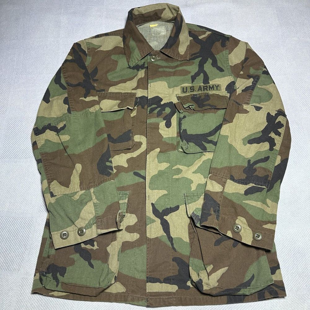 Military Army Woodland Camo Fatigue Button Coat Combat BDU‎ Size Small Long